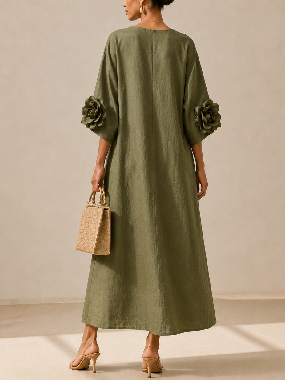 Floriana | Vestido Midi con Flores Aplicadas en las Mangas, Verde Oliva