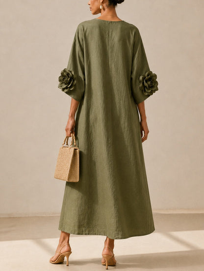 Floriana | Vestido Midi con Flores Aplicadas en las Mangas, Verde Oliva