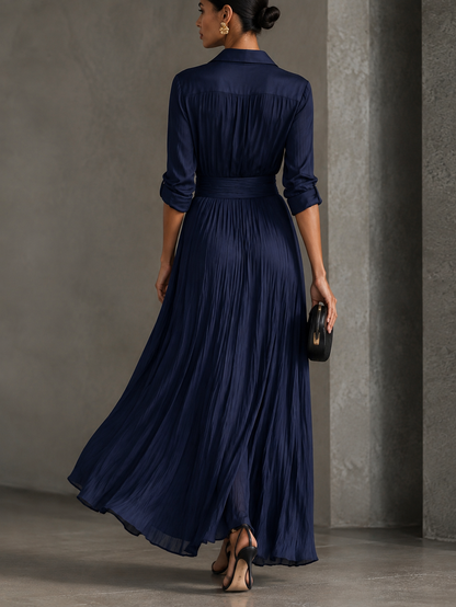 Allegra | Vestido Chemisier Maxi con Nudo en la Cintura, Azul Marino