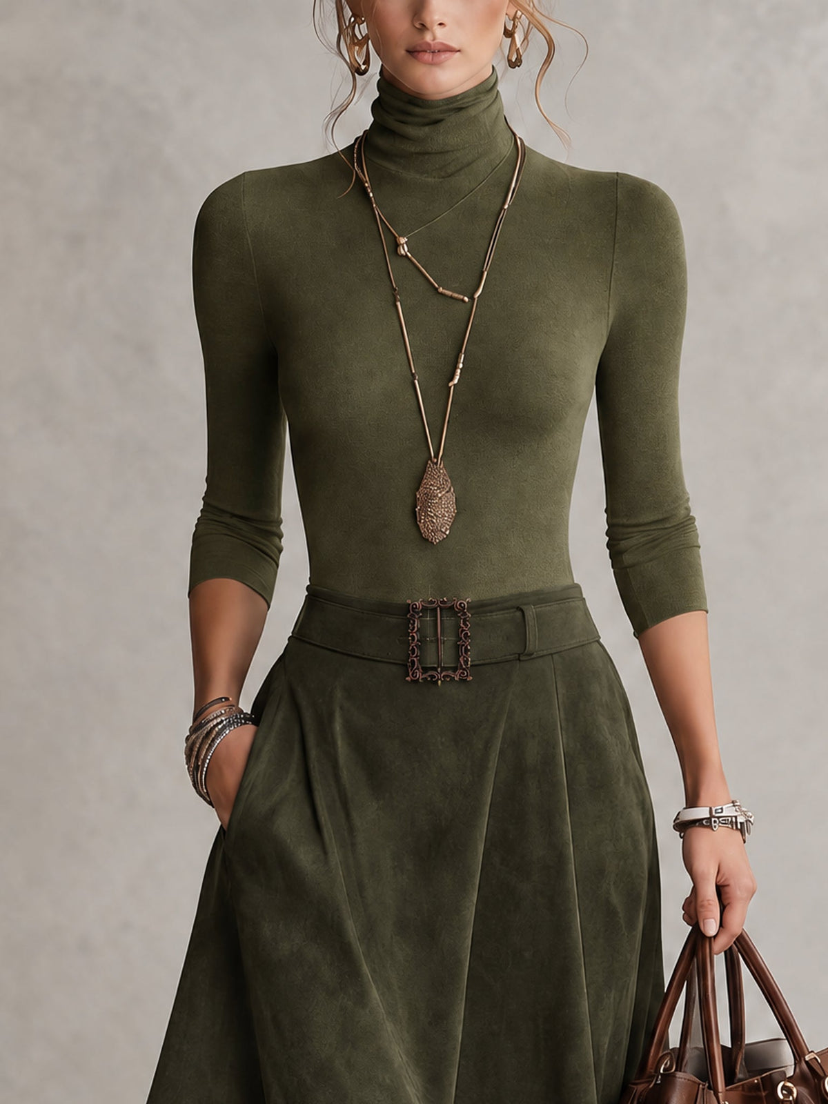 Conjunto de Top de Cuello Alto de Punto elástico Verde Oliva y Falda Asimétrica de Ante Sintético (con cinturón)