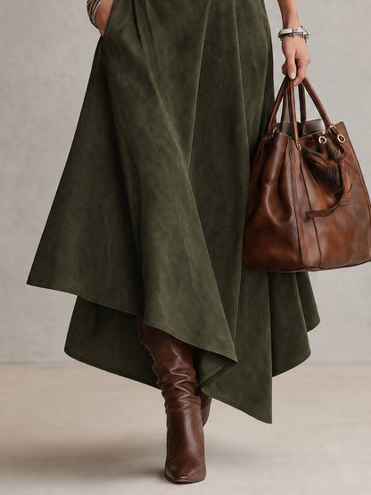 Conjunto de Top de Cuello Alto de Punto elástico Verde Oliva y Falda Asimétrica de Ante Sintético (con cinturón)