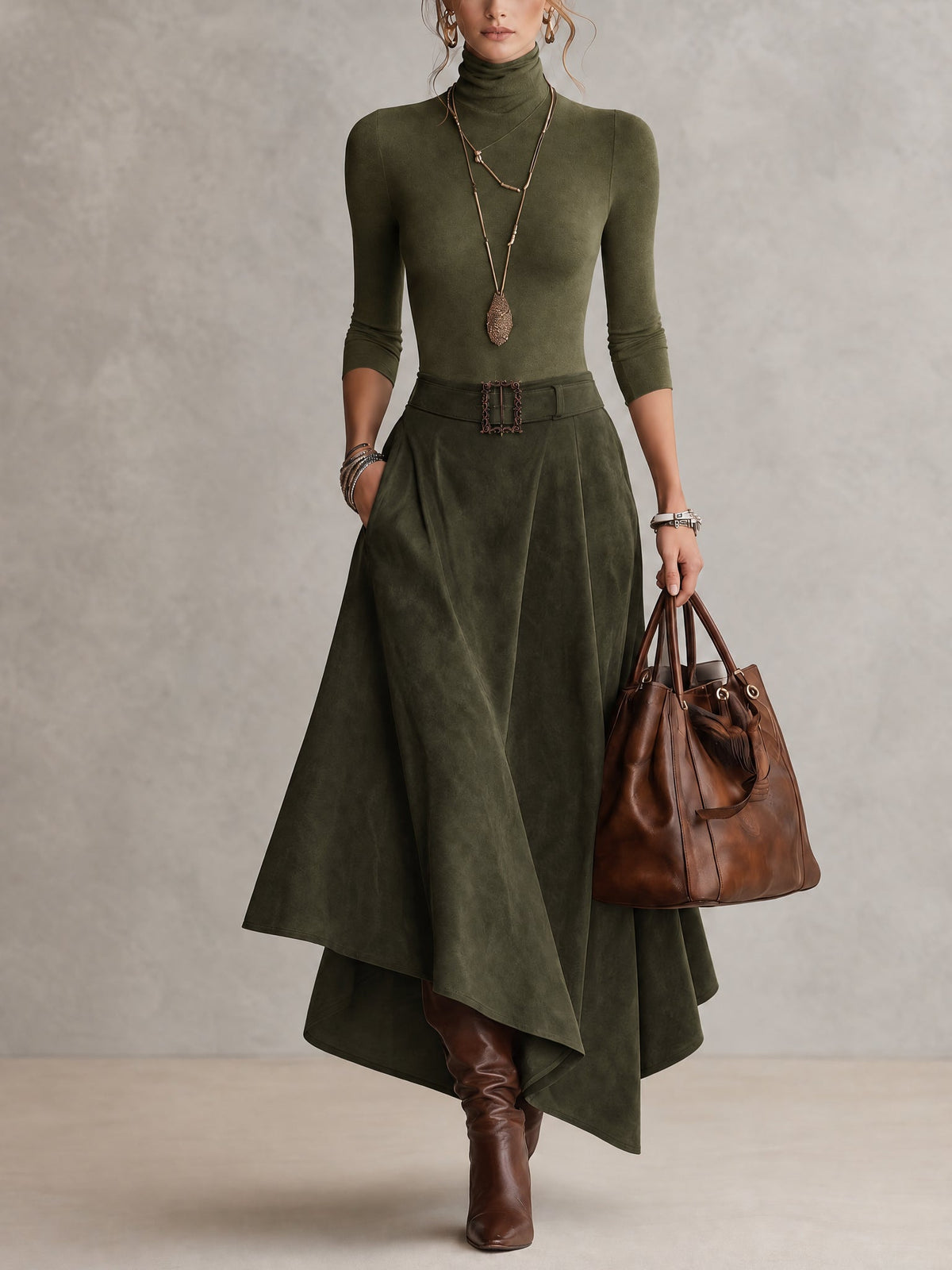Conjunto de Top de Cuello Alto de Punto elástico Verde Oliva y Falda Asimétrica de Ante Sintético (con cinturón)