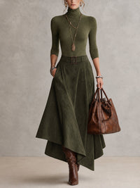 Conjunto de Top de Cuello Alto de Punto elástico Verde Oliva y Falda Asimétrica de Ante Sintético (con cinturón)