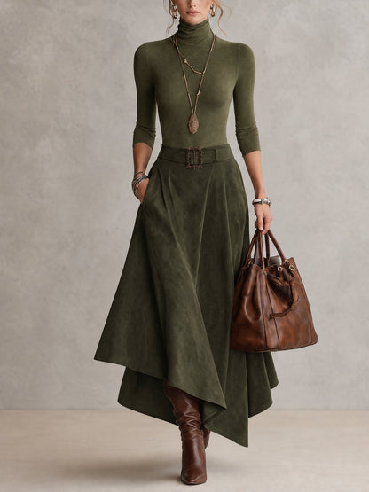 Conjunto de Top de Cuello Alto de Punto elástico Verde Oliva y Falda Asimétrica de Ante Sintético (con cinturón)