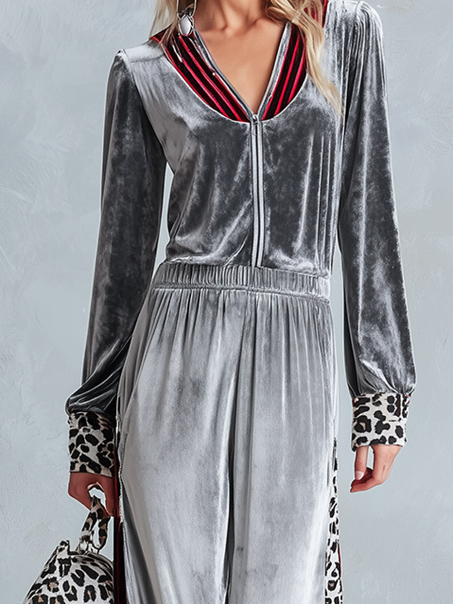 Jumpsuit de terciopelo con rayas plateadas y ribete de leopardo