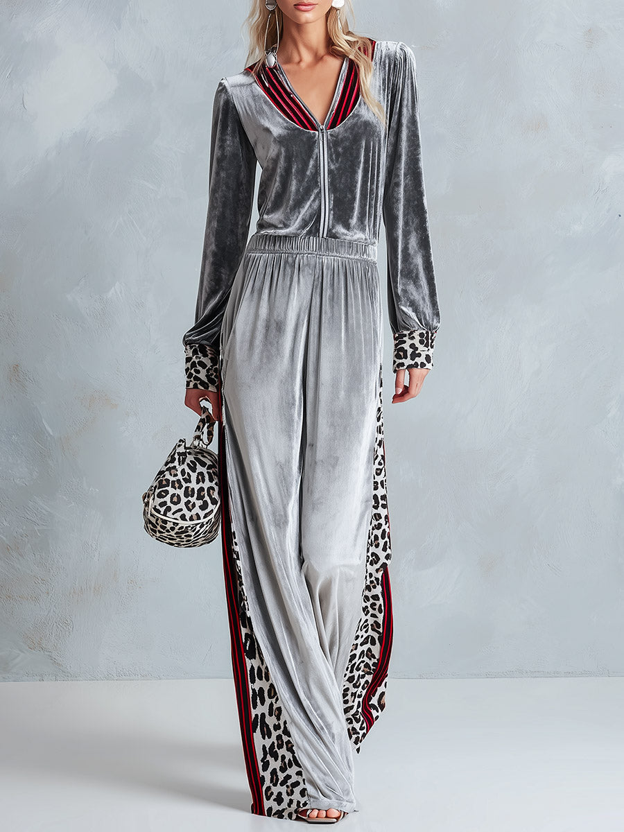 Jumpsuit de terciopelo con rayas plateadas y ribete de leopardo