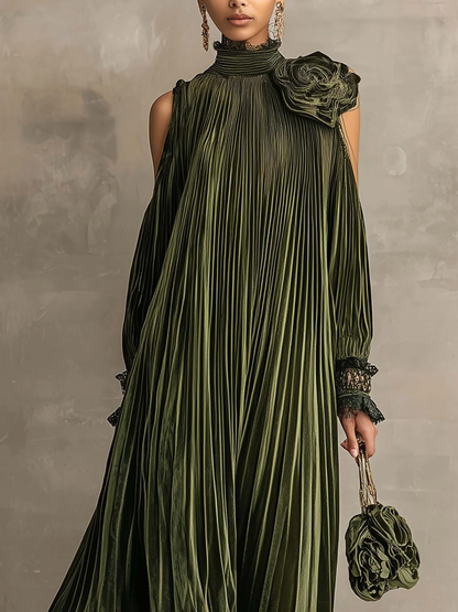 Flora | Vestido Maxi Plisado con Detalle Floral en el Hombro