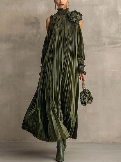 Flora | Vestido Maxi Plisado con Detalle Floral en el Hombro