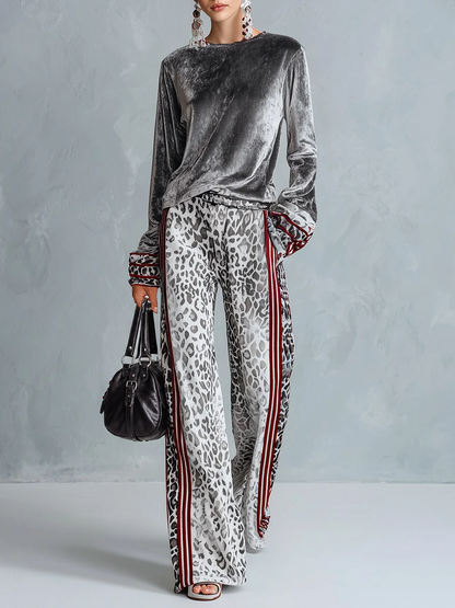 Conjunto de Top de Terciopelo Plateado y Pantalones de Pierna Ancha con Estampado de Leopardo