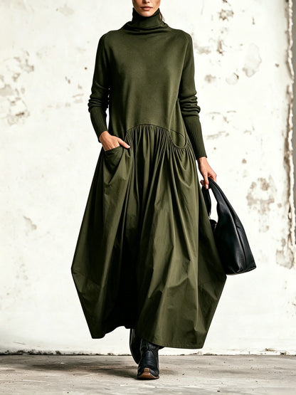 Ilaria | Vestido Maxi Oversize de Cuello Alto con Bolsillos