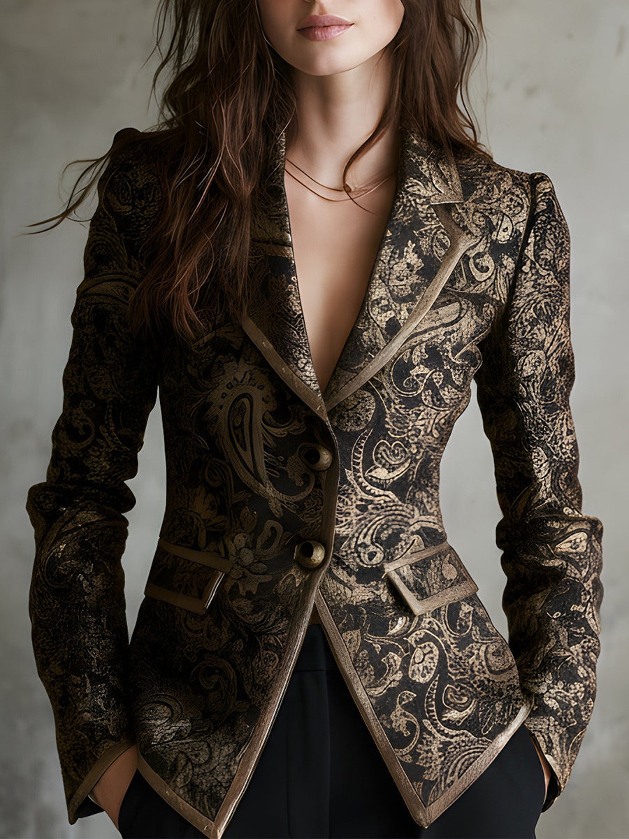 Blazer Ajustado de Jacquard Paisley con Solapas Envueltas de Lujo Silencioso