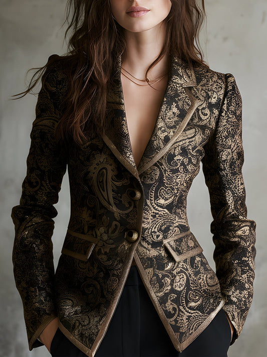 Blazer Ajustado de Jacquard Paisley con Solapas Envueltas de Lujo Silencioso