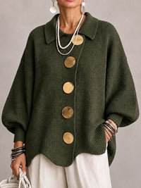 Elvira | Cardigan Oversize de Puntos con Dobladillo Festoneado, Verde Oliva
