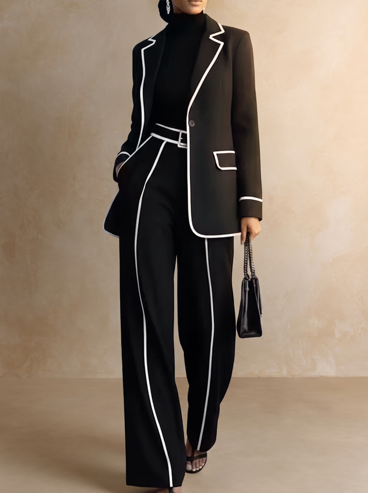 Clementina | Conjunto Completo de Blazer y Pantalón con Perfiles en Contraste, Negro