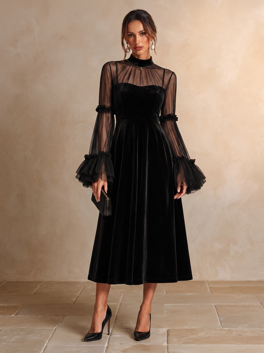 Berenice | Vestido Midi de Terciopelo con Mangas de Tul, Negro