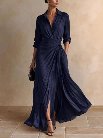 Allegra | Vestido Chemisier Maxi con Nudo en la Cintura, Azul Marino