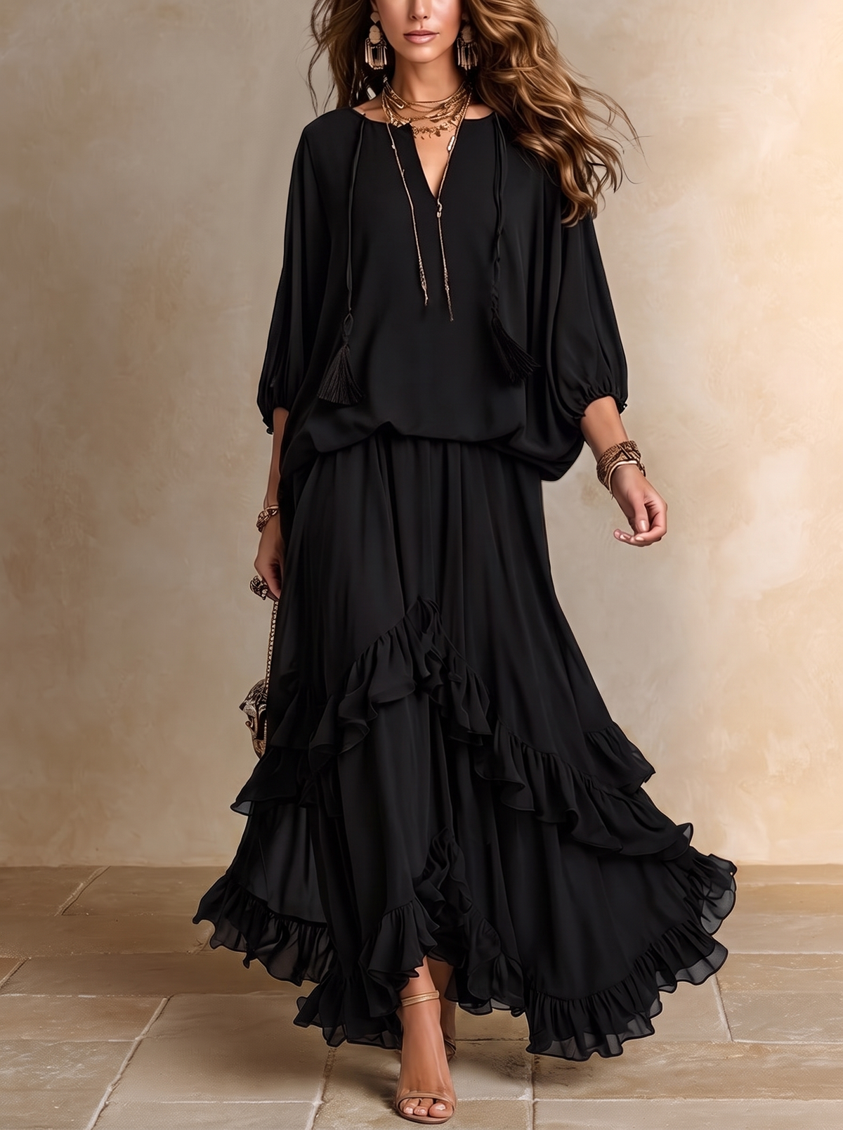 Annalisa | Conjunto Completo en Chifón y Falda con Volantes, Negro