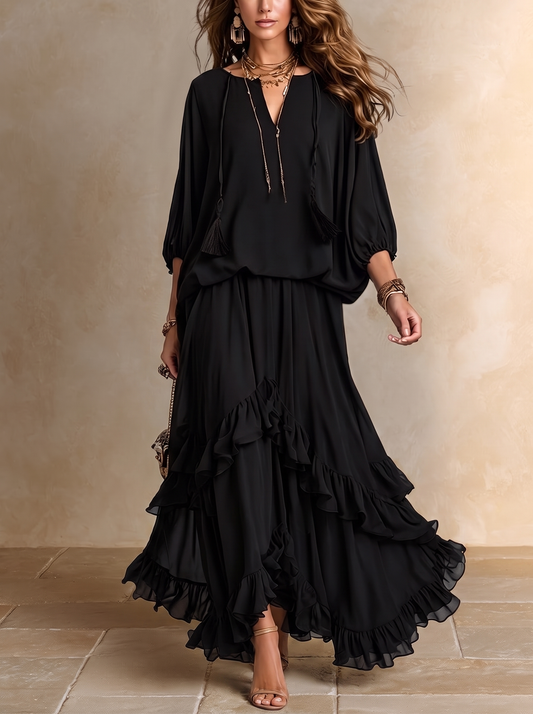 Annalisa | Conjunto Completo en Chifón y Falda con Volantes, Negro