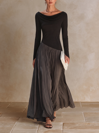 Virginia | Vestido Maxi Plisado con Cuello Draped, Negro y Gris