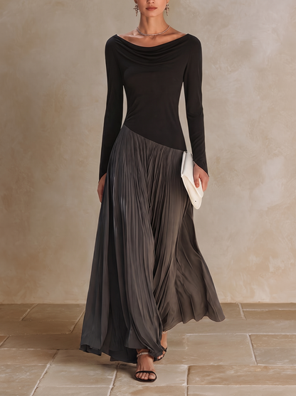 Virginia | Vestido Maxi Plisado con Cuello Draped, Negro y Gris