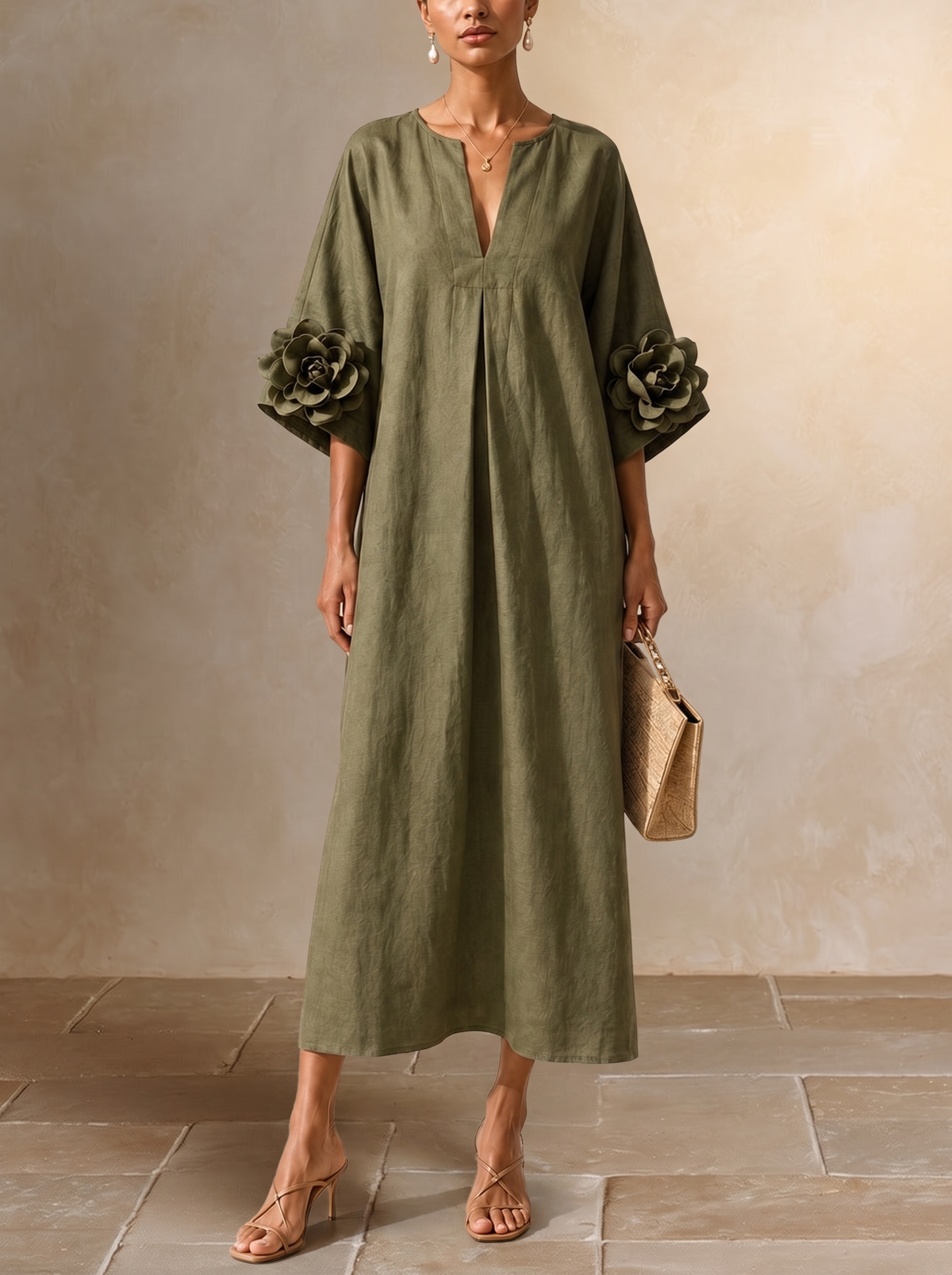 Floriana | Vestido Midi con Flores Aplicadas en las Mangas, Verde Oliva