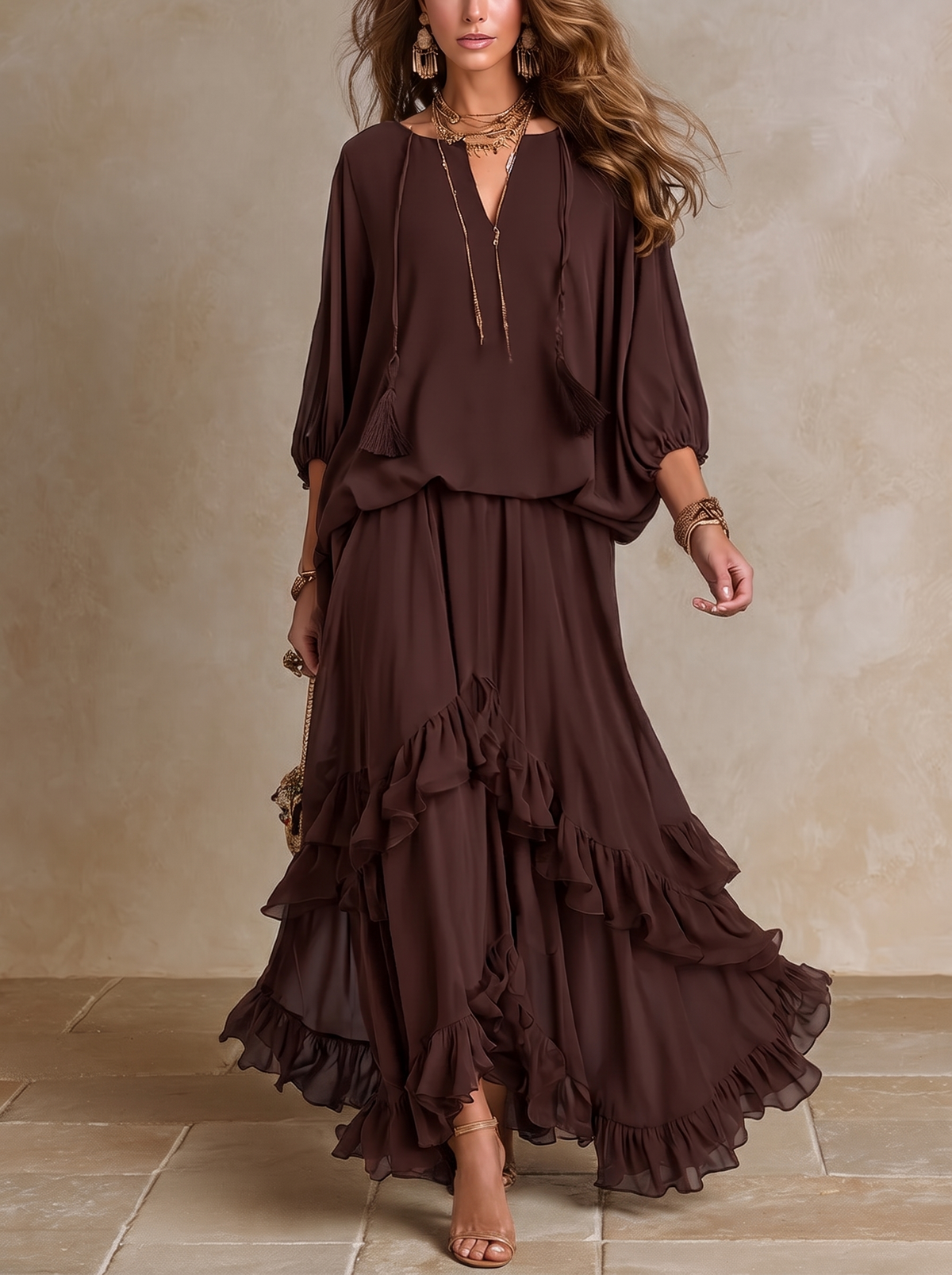 Dalila | Conjunto Completo en Chiffon y Falda con Volantes, Chocolate