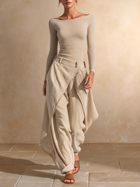 Orsola | Conjunto Completo de Top Barco y Pantalón de Paneles, Beige
