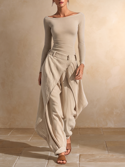Orsola | Conjunto Completo de Top Barco y Pantalón de Paneles, Beige