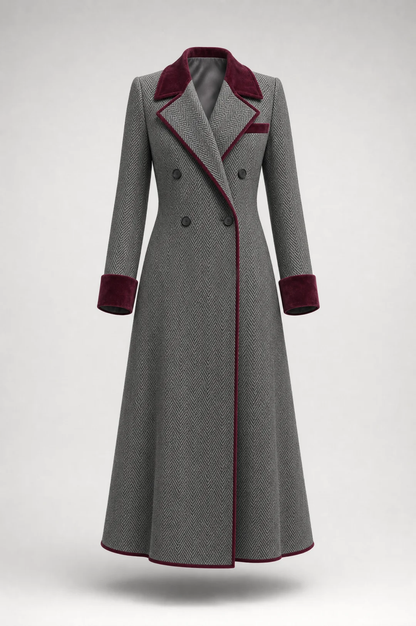 Abrigo Largo de Lana en Patrón Herringbone Elegante con Detalles de Terciopelo