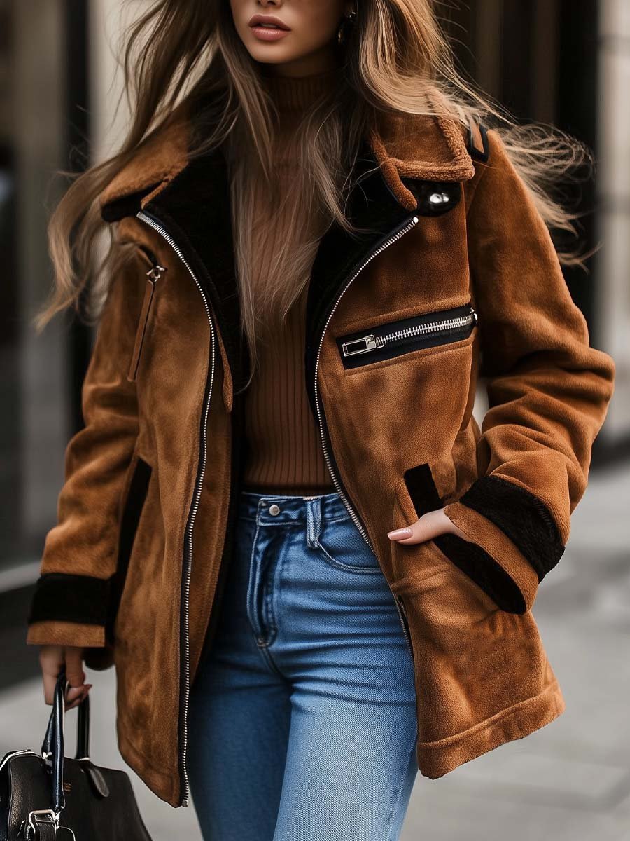 Abrigo de Suede con Cierre de Cremallera y Color Contrastante para Mujeres
