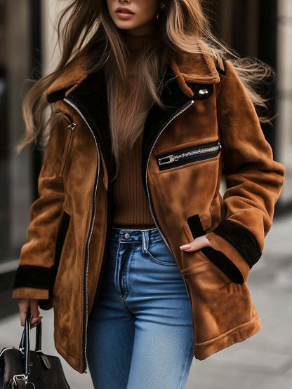 Abrigo de Suede con Cierre de Cremallera y Color Contrastante para Mujeres