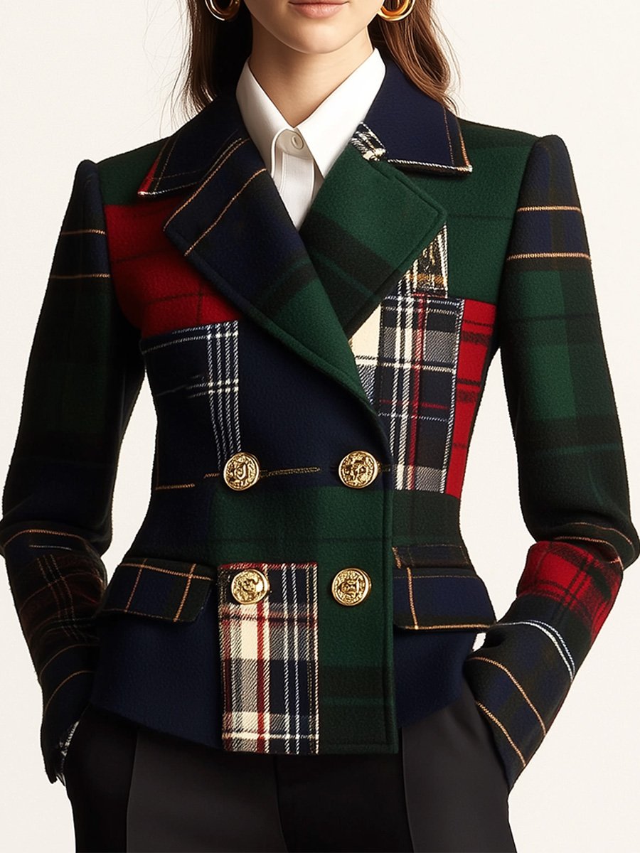 Blazer de Lana de Cuello de Solapa a Cuadros de Doble Botón