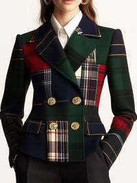 Blazer de Lana de Cuello de Solapa a Cuadros de Doble Botón