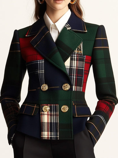 Blazer de Lana de Cuello de Solapa a Cuadros de Doble Botón