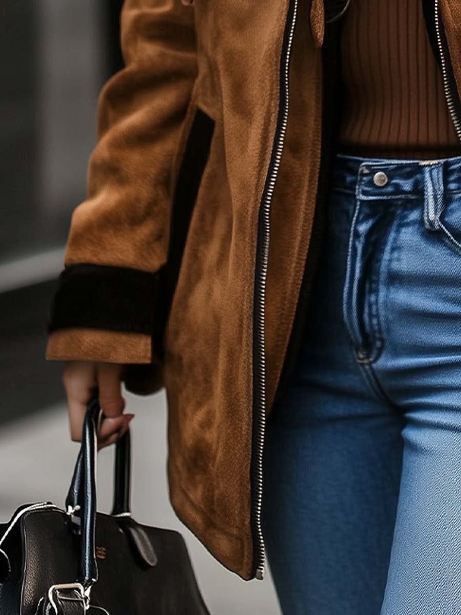 Abrigo de Suede con Cierre de Cremallera y Color Contrastante para Mujeres