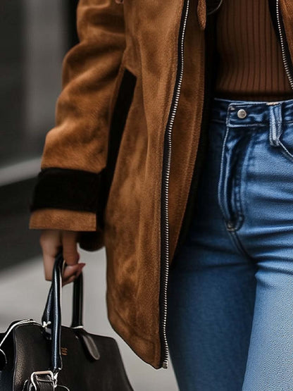 Abrigo de Suede con Cierre de Cremallera y Color Contrastante para Mujeres