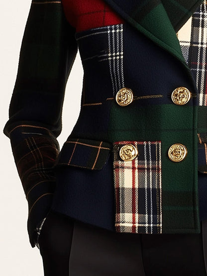 Blazer de Lana de Cuello de Solapa a Cuadros de Doble Botón
