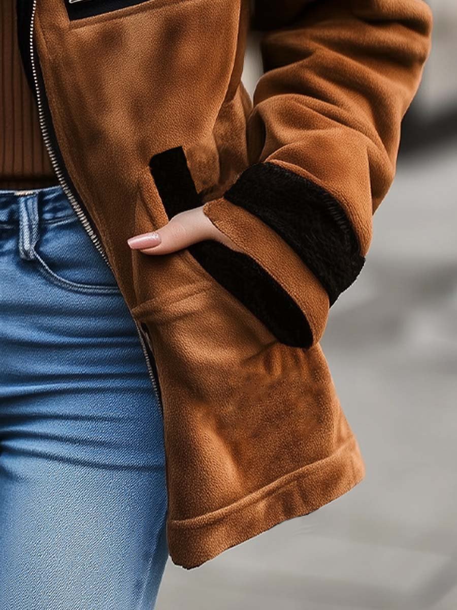 Abrigo de Suede con Cierre de Cremallera y Color Contrastante para Mujeres