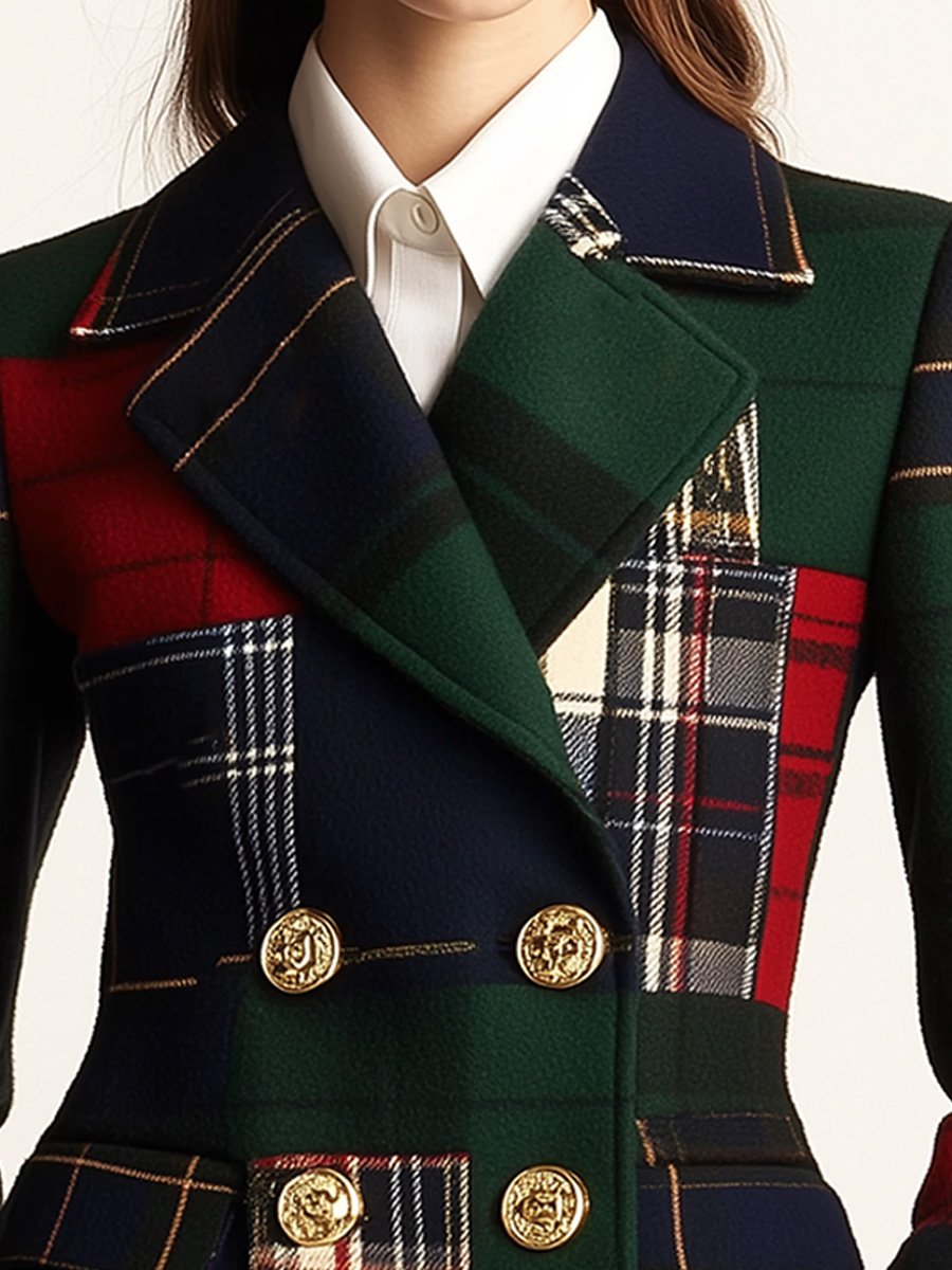 Blazer de Lana de Cuello de Solapa a Cuadros de Doble Botón