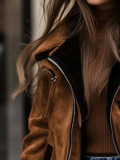 Abrigo de Suede con Cierre de Cremallera y Color Contrastante para Mujeres