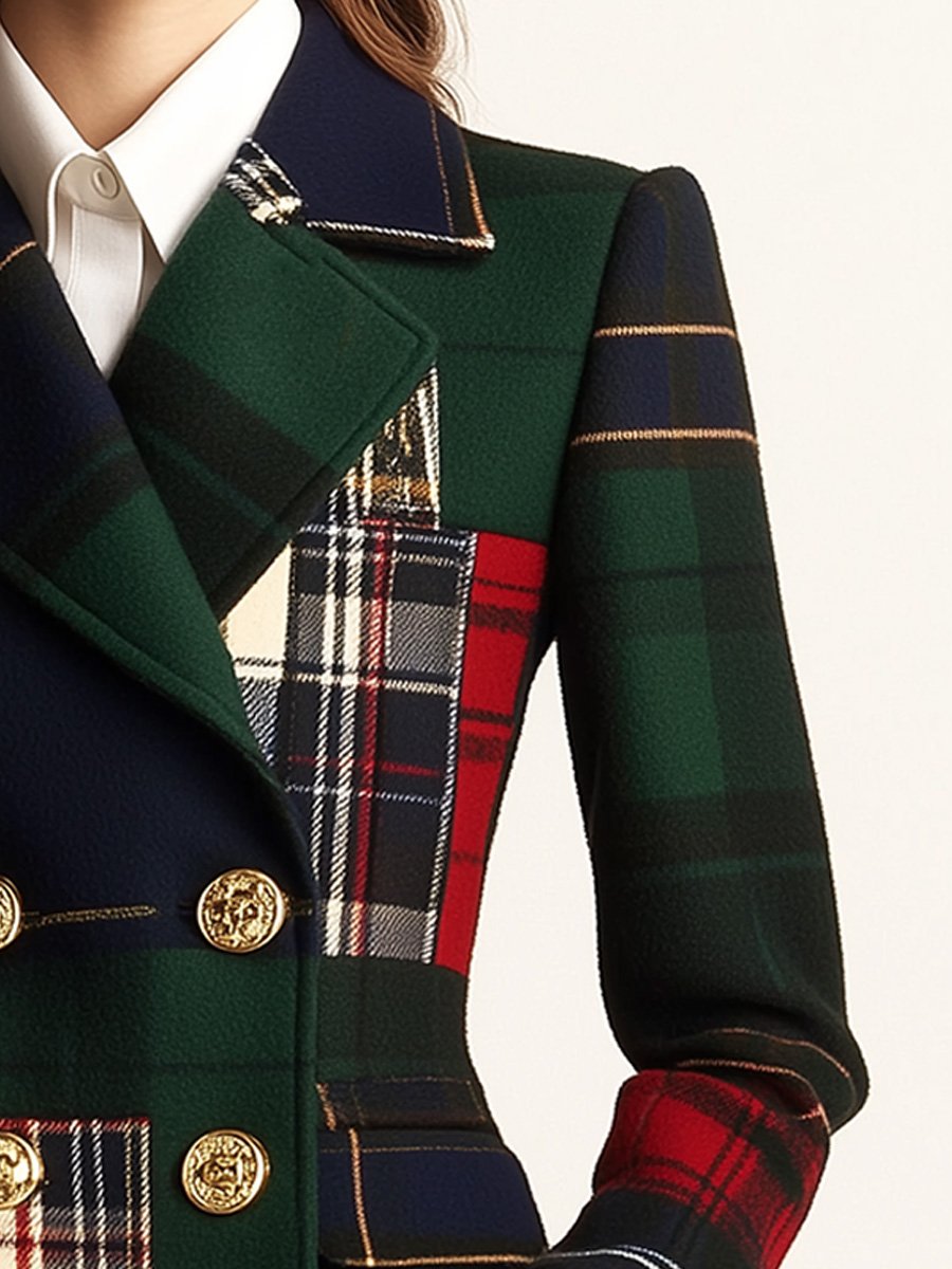 Blazer de Lana de Cuello de Solapa a Cuadros de Doble Botón
