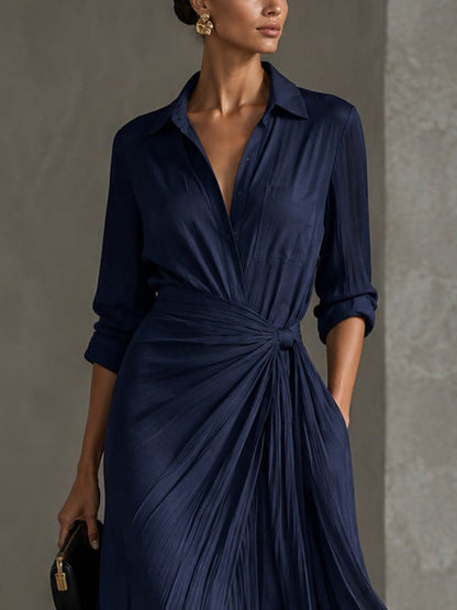 Allegra | Vestido Chemisier Maxi con Nudo en la Cintura, Azul Marino