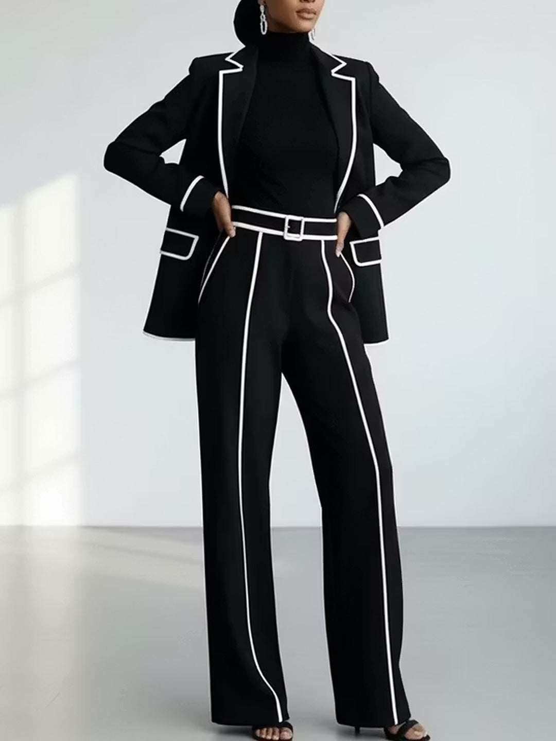 Clementina | Conjunto Completo de Blazer y Pantalón con Perfiles en Contraste, Negro