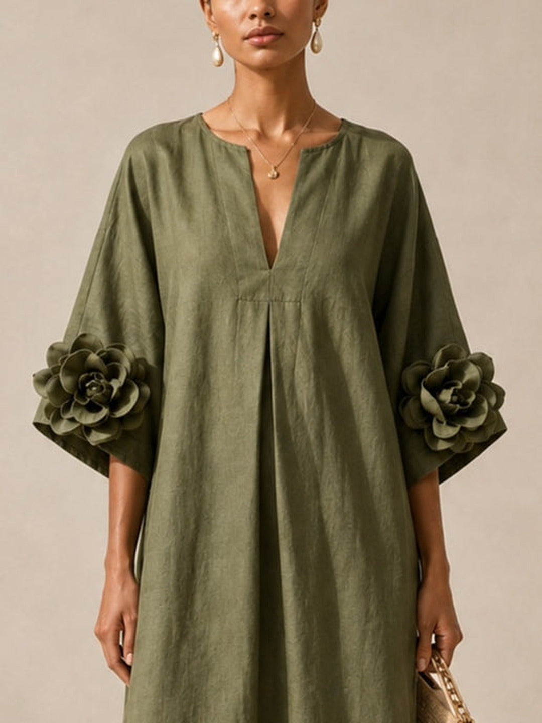 Floriana | Vestido Midi con Flores Aplicadas en las Mangas, Verde Oliva