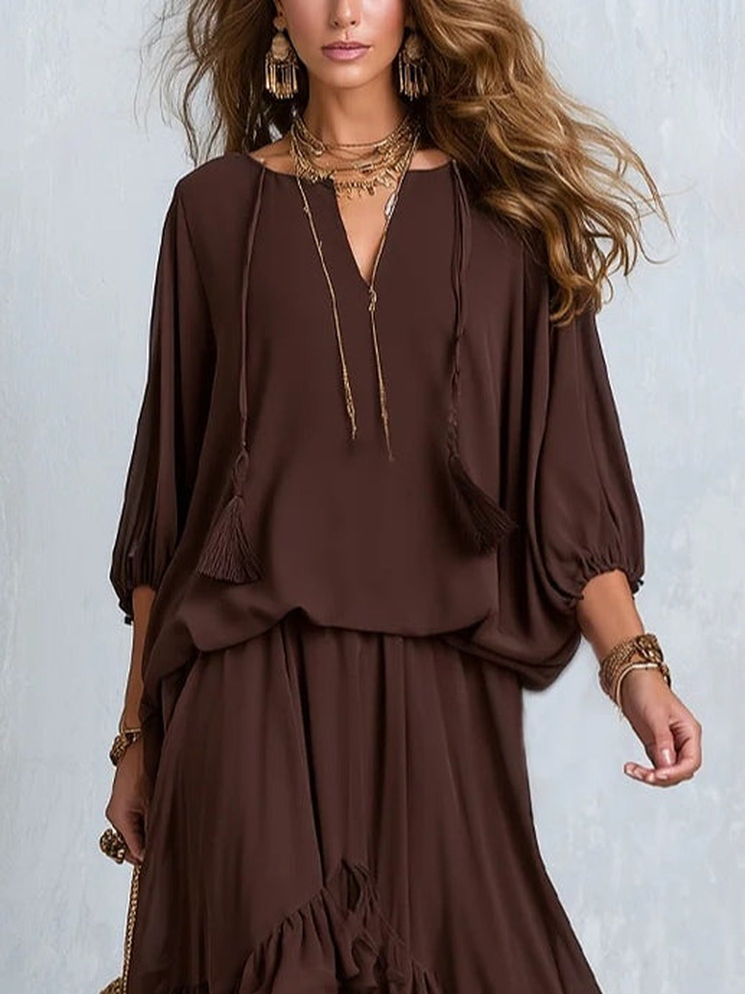Dalila | Conjunto Completo en Chiffon y Falda con Volantes, Chocolate