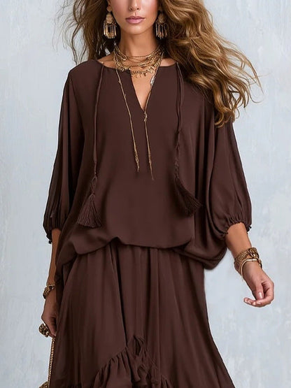 Dalila | Conjunto Completo en Chiffon y Falda con Volantes, Chocolate