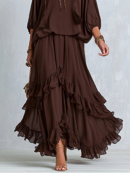 Dalila | Conjunto Completo en Chiffon y Falda con Volantes, Chocolate