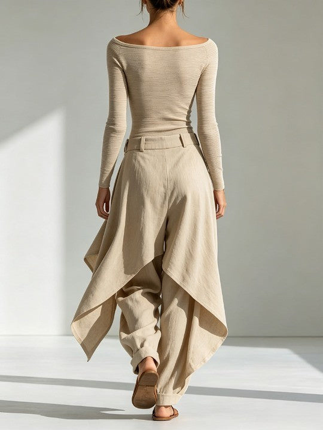 Orsola | Conjunto Completo de Top Barco y Pantalón de Paneles, Beige