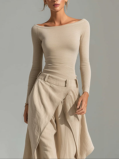 Orsola | Conjunto Completo de Top Barco y Pantalón de Paneles, Beige