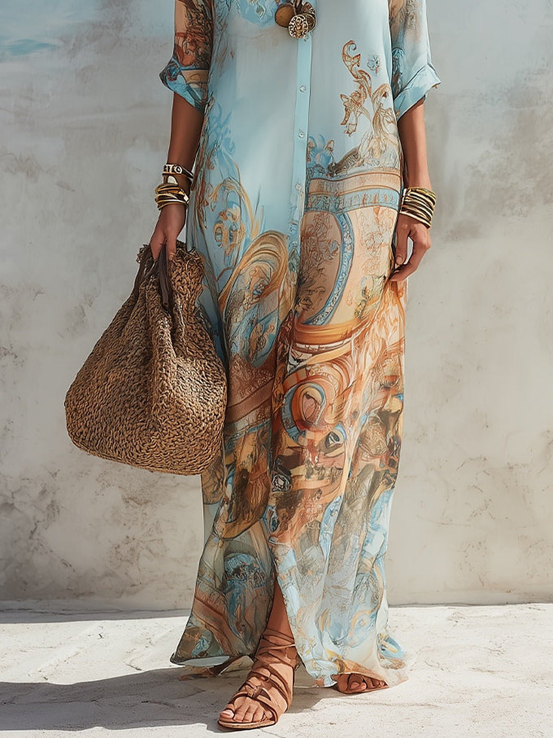 Velia | Vestido Chemisier Maxi con Estampado Barroco, Azul